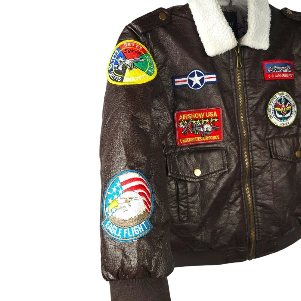 Da Fei Li Boys Bomber Jacket Size 10 Flight Aviator Faux Leather Patches Coat